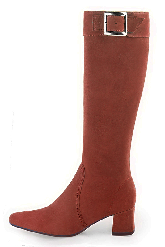 Terracotta orange women's feminine knee-high boots. Square toe. Medium block heels. Made to measure. Profile view - Florence KOOIJMAN
